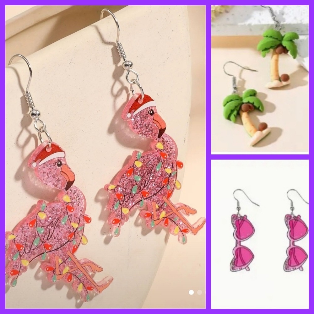 Fun earrings (lot of 3) Christmas flamingo, palm trees, heart sunglasses